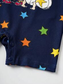 Nick 90s | SHEIN Baby Boy Cartoon Print Round Neck Short Sleeve Romper - Navy Blue - View 6