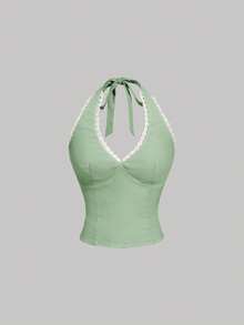 SHEIN MOD Atasan Wanita Model Halter Neck dengan Renda Kontras, Warna Hijau Sage, Cocok untuk Liburan Musim Panas dan Tampilan Menawan - Hijau - View 3