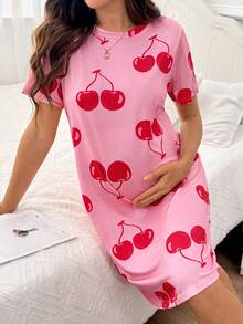 Moonlight&Mama Spring/Summer Minimalist Pink Cute Fun Cherry Print Maternity Loungewear Nightgown - Pink - View 5