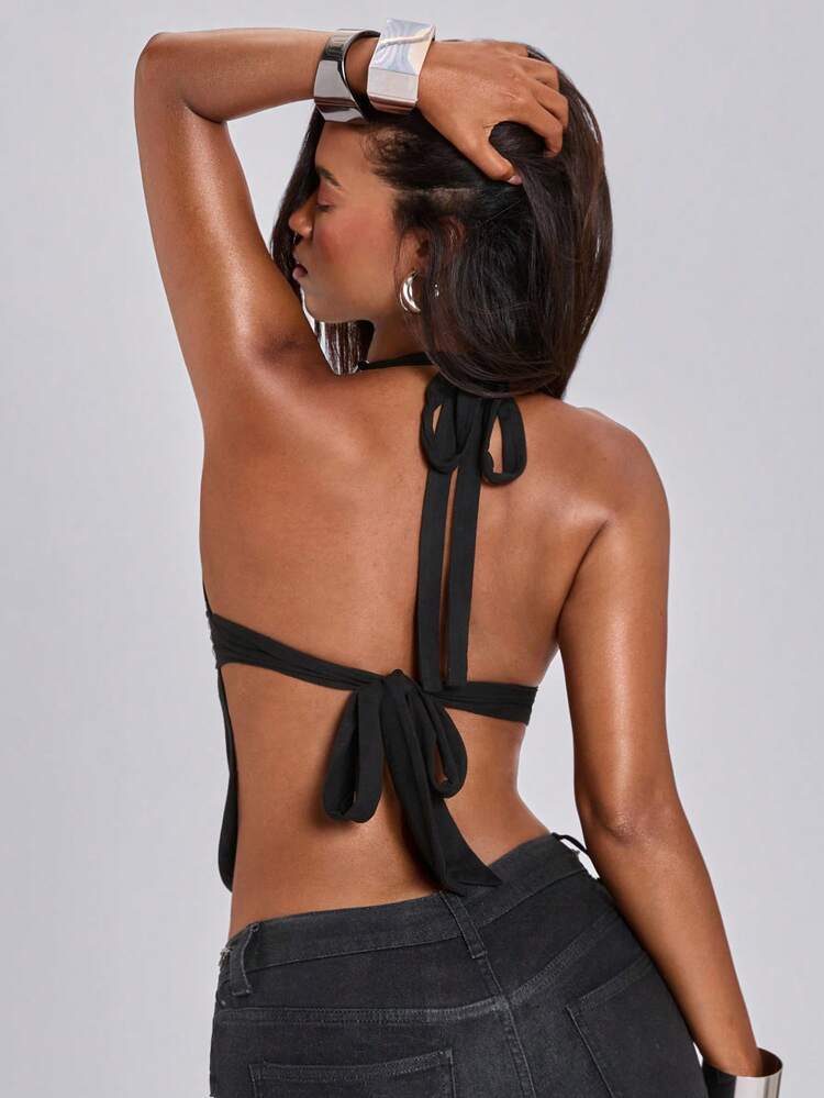 ACID BLVD Spring/Summer Y2K Retro Hot Girl Party Outfit: Spliced Rivet-Decorated Deep V Halter Top With Draped Waist Cutouts - Black - View 2