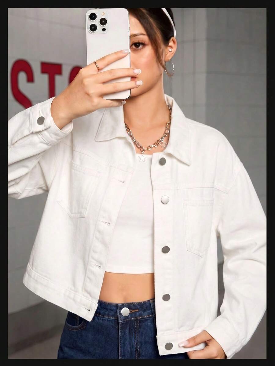 青少年女孩牛仔夾克外套,柔軟棉質休閒街頭風,經典翻領+單排金屬鈕扣,白色水洗寬鬆版型,秋季 - 白色 - 查看 1