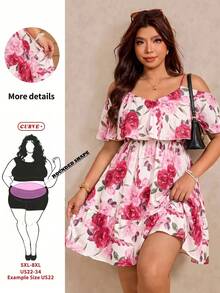 SHEIN CURVE+ 适合大码身材（美国尺码22）的音乐节、海滨度假、波西米亚风女式碎花露肩荷叶边连衣裙、沙滩裙、波西米亚风假日装扮，适合大码身材的夏季服装 - 紅色 - 查看 1