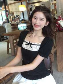 DAZY Women's Colorblock Casual Bow Short Sleeve T-Shirt - Black - View 4