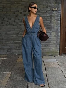 Livesso Tall 女款夏季深V領收腰長褲度假風牛仔連身褲 - 中等水洗藍 - 查看 9