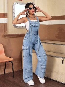 SHEIN PETITE 女款休閒水洗牛仔吊帶褲，適合嬌小女性 - 藍色 - 查看 9