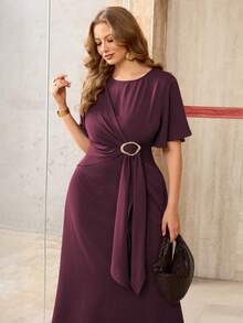 Roveilla Plus Size Women's Spring Autumn Winter French Romantic Sicilian Elegant Casual Commute Vacation Afternoon Tea Party Solid Color Round Neck Cross Tie Metal Buckle Cinched Waist A-Line Long Sleeve Bell Sleeve Maxi Dress - Red Violet - View 3