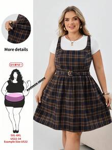SHEIN CURVE+ Plus Size White Chocolate Brown Plaid Mini Dress, Square Neck, With Belt, Fall Winter 2026 22W - Multicolor - View 6