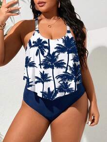 SHEIN Swim Curve 大尺碼女款椰子樹印花連身泳衣，適合海灘度假、泳池派對、海灘派對，海軍藍夏季熱帶風 - 藍色 - 查看 5