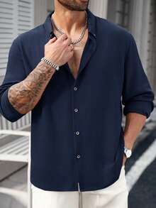 Manfinity CasualCool Men's Plus Size Casual Versatile Solid Color Shirt - Navy Blue - View 1
