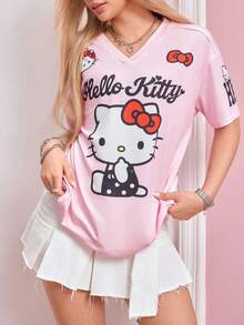 HELLO KITTY AND FRIENDS | SHEIN 女款字母卡通印花V領短袖休閒T恤 - 淺粉色 - 查看 4