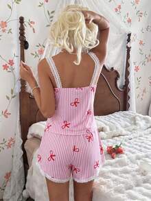 CottageSlumber Pink Pajamas Women's Pink & White Striped Bow Fine Ribbed Silk Lace Cami Short Sleeve Set - Pink - View 3