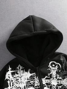 ROMWE MEN Street Life 男士休閒圖案街頭風哥德印花開襟連帽外套 - 黑色 - 查看 4