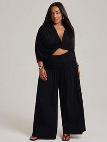 NYA SZN Plus Curve Matching Set Top Pant Draped Long Sleeve V Neck Wide Leg Casual Sexy Summer Elegant Luxury Black Outfits For Women Vacation Formal - Brown - View 1