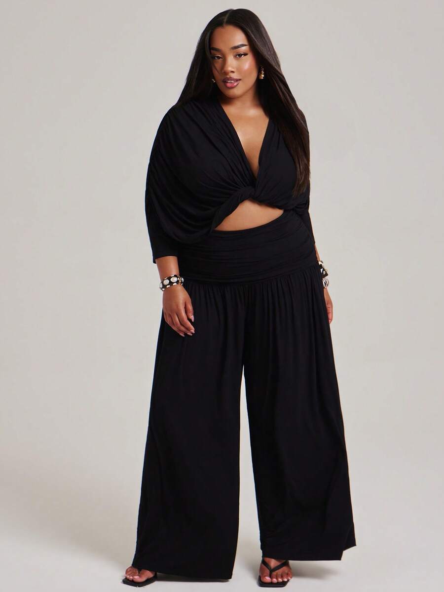 NYA SZN Plus Curve Matching Set Top Pant Draped Long Sleeve V Neck Wide Leg Casual Sexy Summer Elegant Luxury Black Outfits For Women Vacation Formal - Brown - View 1