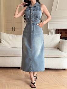 DAZY Autumn Winter Summer Sleeveless Collared Waist-Cinching Elegant Women's Denim Dress - Blue - View 7