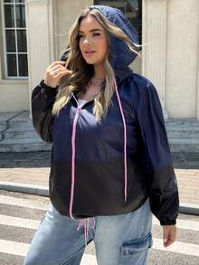 SHEIN CURVE+ Plus Size Women's Colorblock Hooded Drawstring Zip-Up Casual Jacket, Autumn/Winter Fall, 2026 22W - Multicolor - View 8
