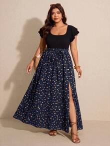 Elaquor Vestido de vacaciones con estampado floral, puños con volantes y abertura delantera, talla grande - Azul Marino - Ver 5
