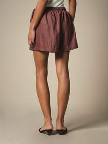 KSTM Linen Feel Drawstring Waist Loose Fit Mini Shorts With Elastic Waistband Side Tie Detail Summer Casual Holiday Vacation Burgundy - Brown - View 2