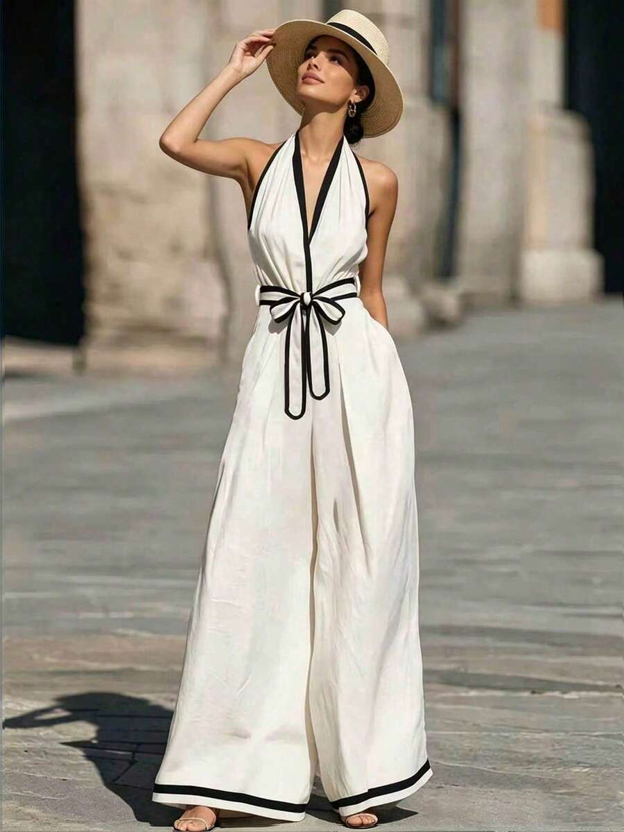 SHEIN Holidaya 黑白撞色拼接露背系带阔腿连体裤,白色连体裤,假日装扮,女士度假连体裤 - 黑與白 - 查看 1