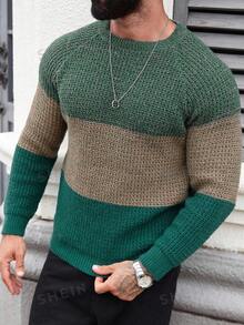 Marcello Vane 男士撞色圆领插肩袖休闲毛衣，秋冬 - 墨綠色 - 查看 3