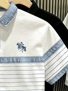 Manfinity Hypemode 復古丹寧風藍白拼色條紋 Polo 衫，小馬標誌印花，藝術領短袖上衣，男女款圖案 T 恤，百搭夏季休閒襯衫 - 彩色 - 查看 3