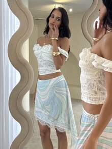 Aloruh Asymmetrical Satin Lace Patchwork Skirt - Coffee Brown - View 5