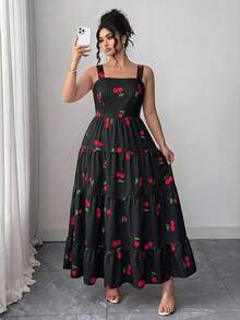 Elenzga Plus Size Women Cherry Print Ruffle Hem Cami Dress - Black - View 4