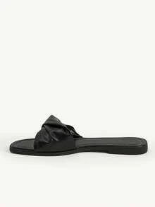 CUCCOO CHICEST Square Toe Kinked Slippers Women's Summer Wear Black Flat Bottom Drag Soft Leather Slouchy Beach Shoes - Black - View 4