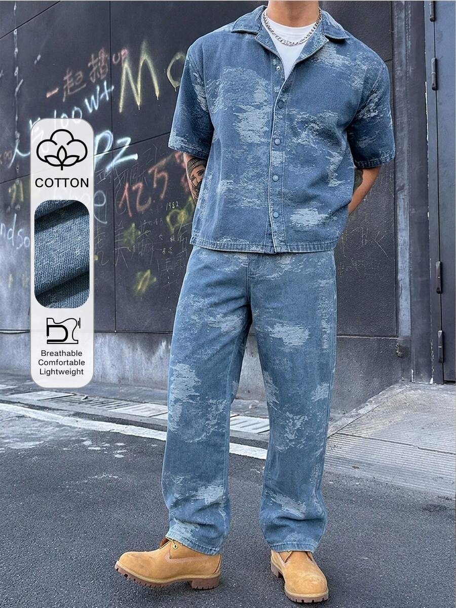 DAZY 男士單排扣短袖襯衫與長褲休閒日常牛仔套裝 夏季 - 藍色 - 查看 1