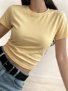 DAZY Camiseta de manga corta de unicolor versátil y casual de verano - Amarillo - Ver 6