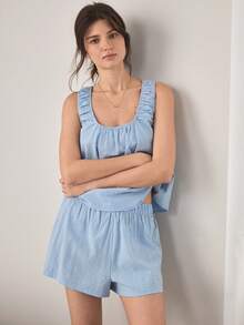 Ocili 100%純棉波希米亞風舒適極簡女款居家服套裝 - 霧霾藍 - 查看 6