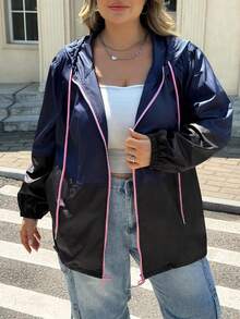SHEIN CURVE+ Plus Size Women's Colorblock Hooded Drawstring Zip-Up Casual Jacket, Autumn/Winter Fall, 2026 22W - Multicolor - View 3
