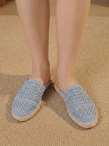 Styleloop 波希米亞風鏤空鉤編網格草編穆勒鞋 女款夏季海灘度假平底無跟一腳蹬透氣休閒涼鞋 - 藍色 - 查看 8