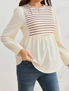 SHEIN Maternity Striped Patchwork Round Neck Long Sleeve Simple T-Shirt Fall - Apricot - View 5