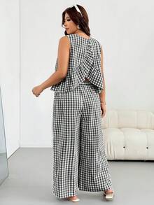 Shapeblank Plus Size Vacation Plaid Ruffle Hem Tank Top And Loose Long Pants 2 Pieces Set - Black - View 3