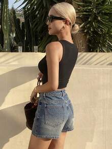 Livesso Tall Shorts vaqueros casuales para mujer con estampado de strass en todo el tejido, para mujeres altas en verano - Azul lavado medio - Ver 5