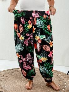 SHEIN CURVE+ Curve Plus 純色九分長褲，附口袋，透氣面料，秋季海灘度假黑色波希米亞熱帶風 - 綠色 - 查看 7