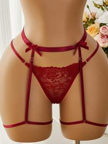 3pack Floral Lace Bow Front Thong Garter Lingerie Set Bow Tie - Burgundy - View 4