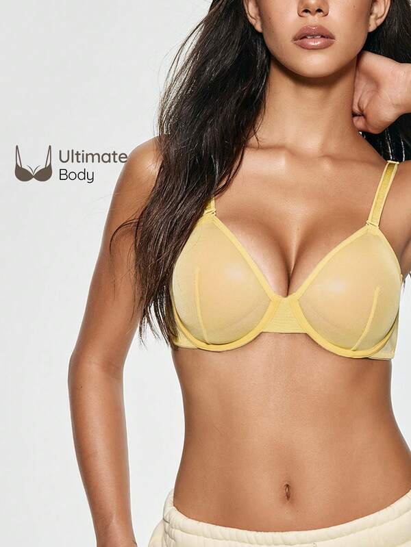 SHAPORA 1pc Yellow Mesh Underwire Removable Double Row Hook & Eye Small Bust Push-Up Side-Smoothing Bra Lingerie For Women