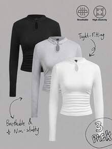 SHEIN EZwear 秋季新品青蛙鈕扣休閒極簡針織純色三件套圓領抓皺長袖女款T恤，秋季上衣，適合日常通勤、約會、派對、秋冬/夏季、聖誕節、新年、海灘、畢業典禮、時尚、休閒、Y2K、外出、畢業典禮等場合 - 彩色 - 查看 1