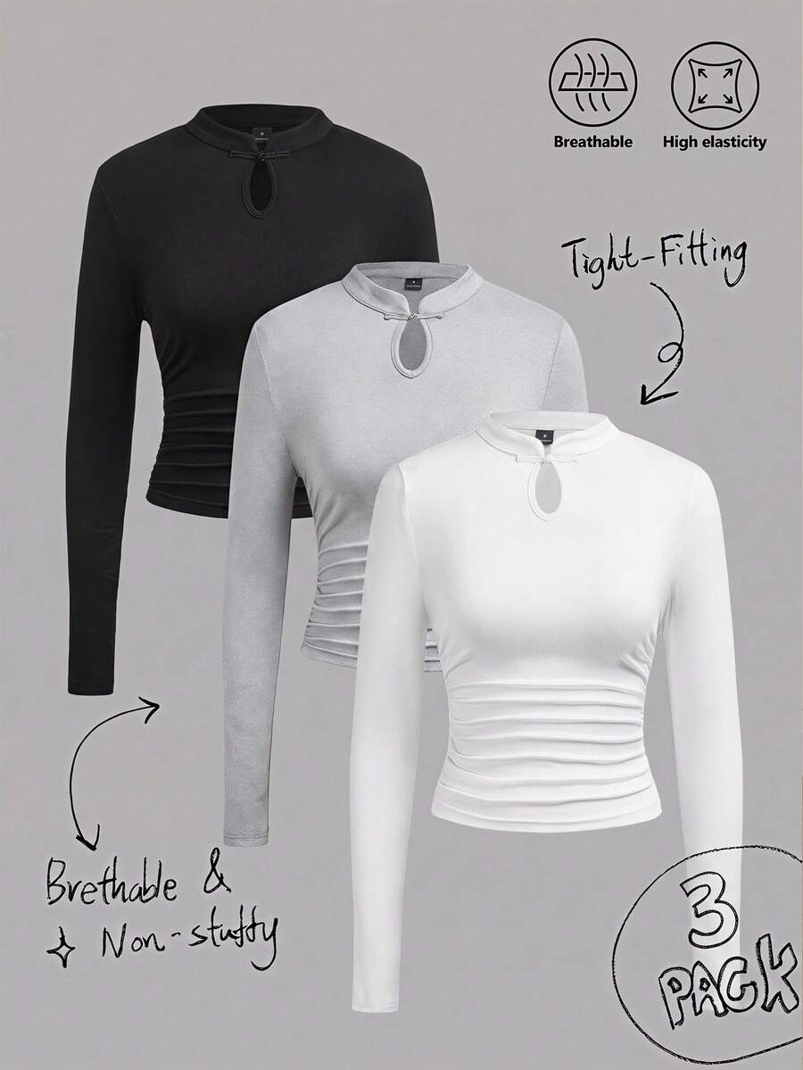 SHEIN EZwear 秋季新品青蛙鈕扣休閒極簡針織純色三件套圓領抓皺長袖女款T恤，秋季上衣，適合日常通勤、約會、派對、秋冬/夏季、聖誕節、新年、海灘、畢業典禮、時尚、休閒、Y2K、外出、畢業典禮等場合 - 彩色 - 查看 1