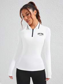 SHEIN Sovereign Charm 女式前拉链长袖休闲字母印花运动 Polo 衫 - 白色 - 查看 7