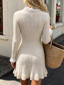 SHEIN PariChic Women's Autumn/Winter French Gentle Style Cable Knit Dress, Ruffle Hem, Cinched Cinched Waist, Patchwork, Stand Collar, Long Sleeve, Short Length - Beige - View 2