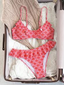 Swim Mod Women's Vacation Print Ruffle Hem Tank Top And Triangle Bikini Bottom Swimsuit Set - Pink - View 7