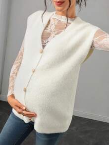 SHEIN Maternity Sweater Vest, Loose Fit, V-Neck With Metal Button, Fluffy Texture, Solid Color Knit, Casual Elegant Everyday Wear, Autumn White - White - View 3