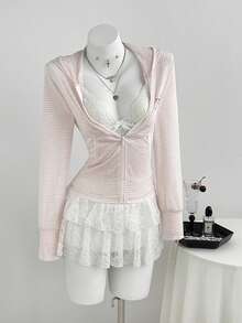 Elamini Women's Pink Striped Long Sleeve Hooded Bow Print Lightweight Jacket, Suitable For Daily Outings, Preppy Style, Vacation Style - Pink - View 2