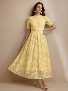 Anewsta Elegant Solid Color Hollow Lace Placement Flower Short Sleeve High-Low Hem Sophisticated Quality Flattering Women Long Dress - Yellow - View 3