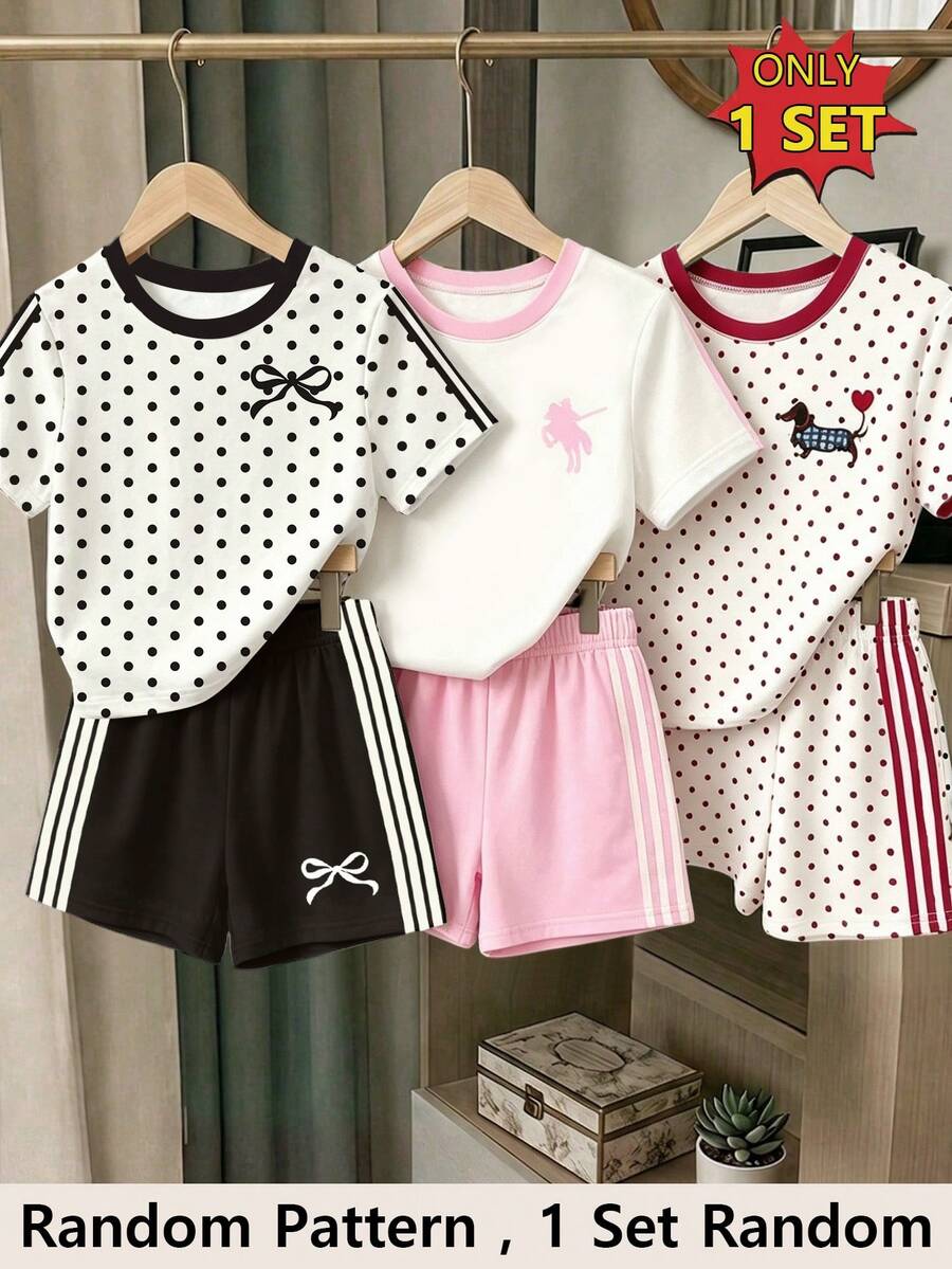 (Random 3 Sets,Send 1 Set)Girls Fresh Fashion Polka Dot Puppy Bow Pattern Basic Short T-Shirt And Shorts Set - Multicolor - View 1
