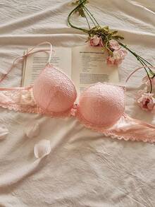 Snug Reverie 1 件优质全蕾丝舒适加厚聚拢钢圈文胸，适合女士 - 粉色 - 查看 3