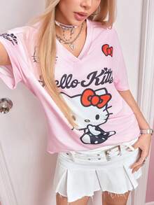 HELLO KITTY AND FRIENDS | SHEIN 女款字母卡通印花V領短袖休閒T恤 - 淺粉色 - 查看 7